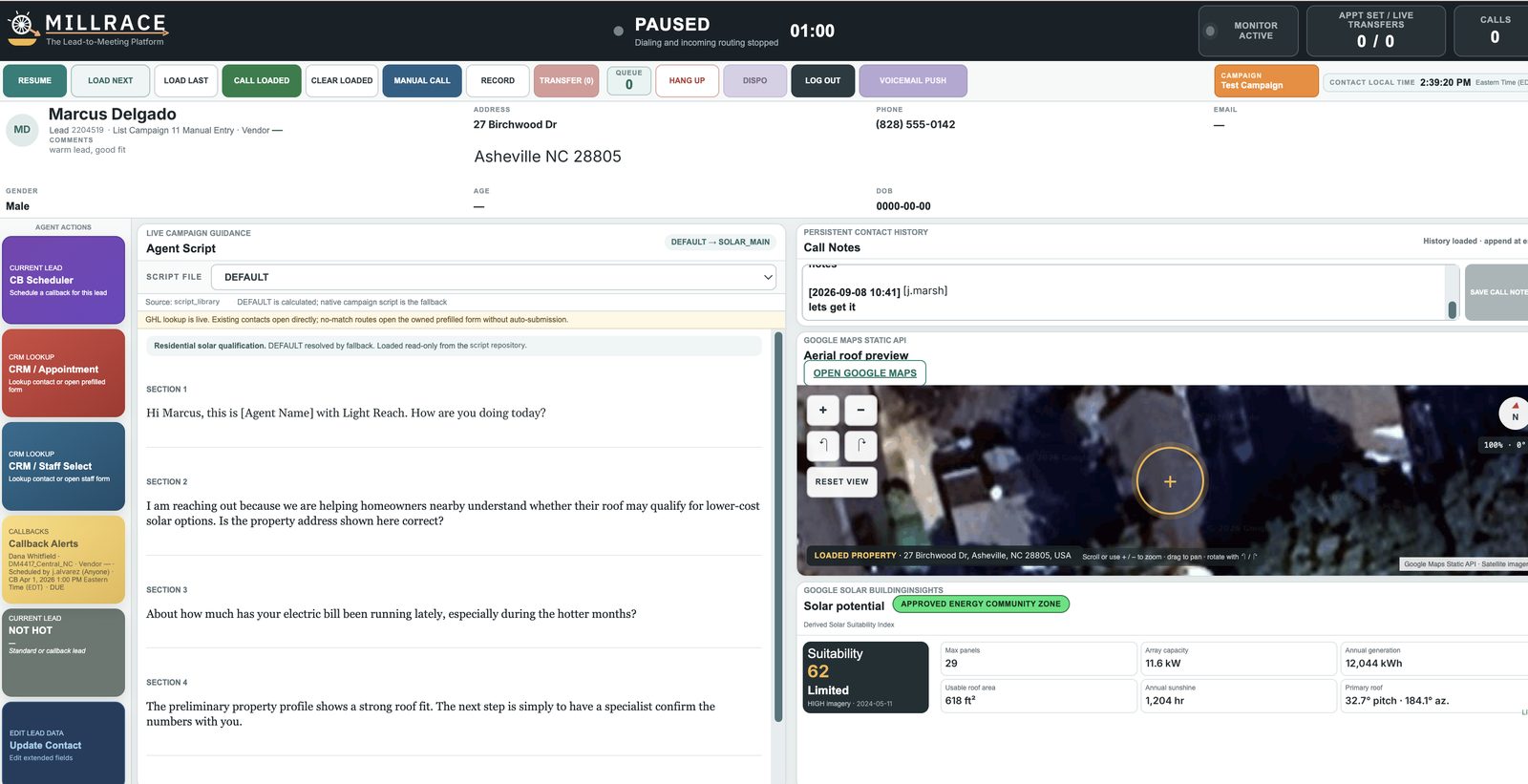 The Millrace agent workspace: live contact with property imaging, community tags and full call controls